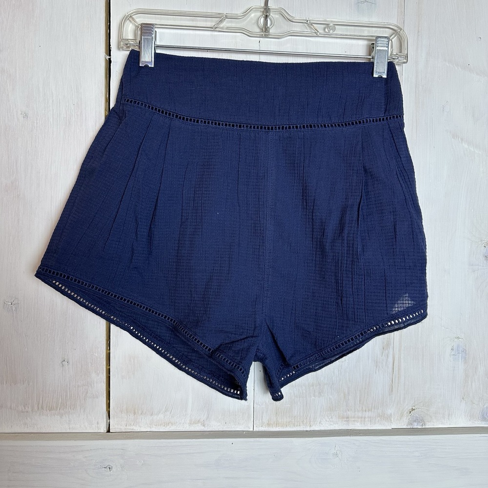 Free People Intimately Eyelet Lounge Pajama Shorts Navy Blue‎ Retro Cotton SMALL